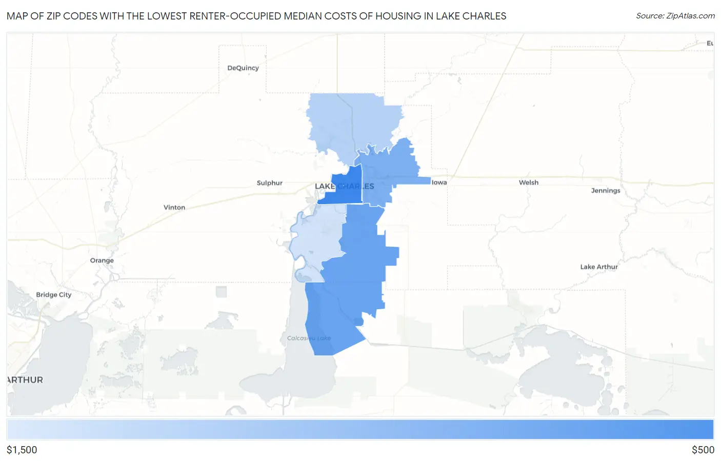 Zip Codes with the Lowest Renter-Occupied Median Costs of Housing in Lake Charles Map