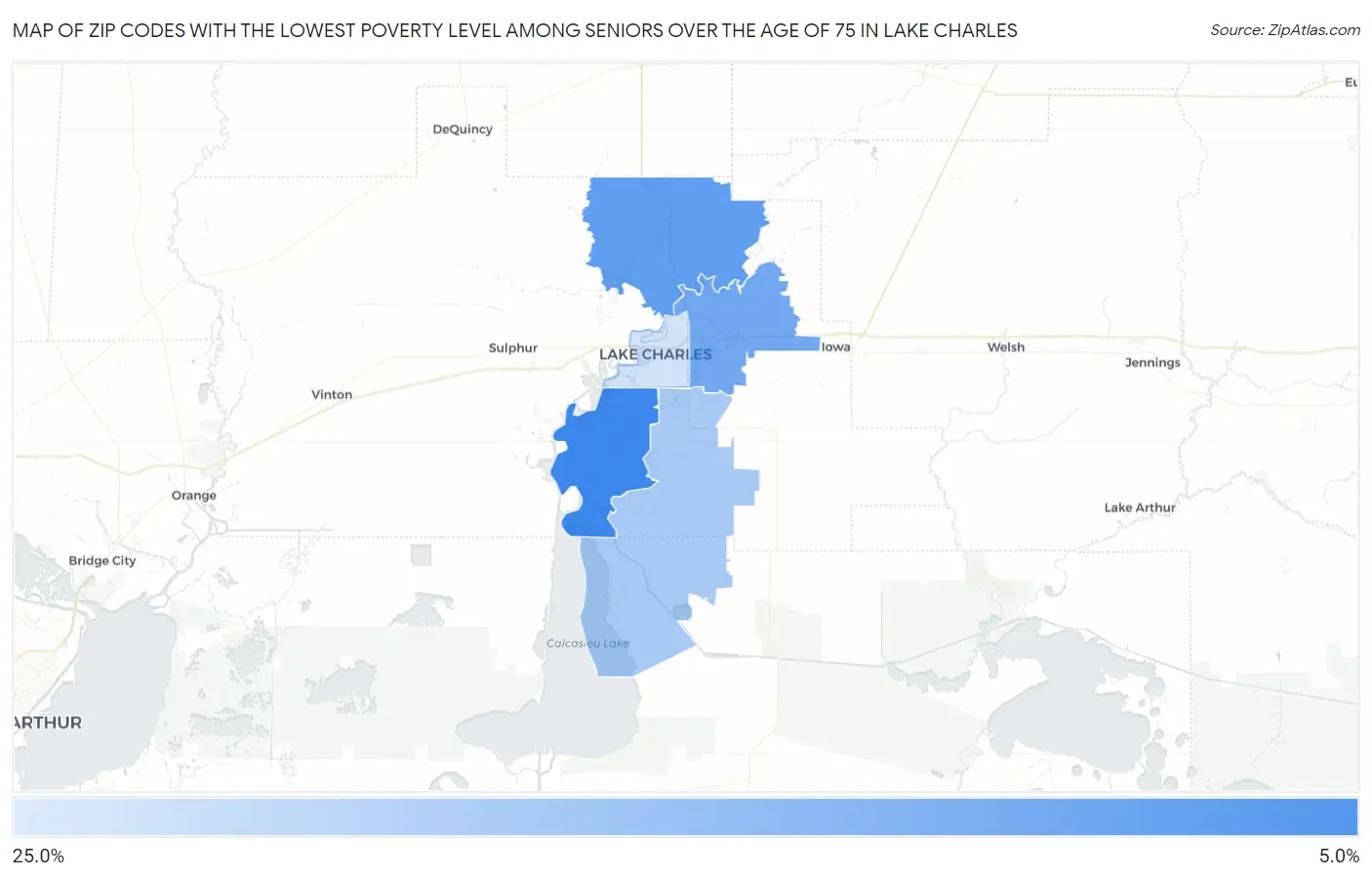 Zip Codes with the Lowest Poverty Level Among Seniors Over the Age of 75 in Lake Charles Map