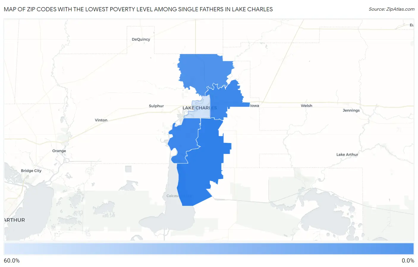 Zip Codes with the Lowest Poverty Level Among Single Fathers in Lake Charles Map