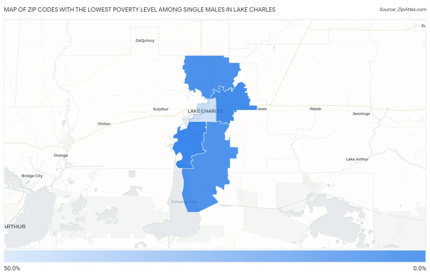Zip Codes with the Lowest Poverty Level Among Single Males in Lake Charles Map