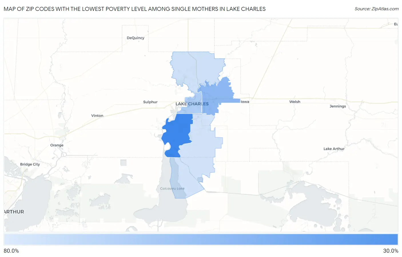 Zip Codes with the Lowest Poverty Level Among Single Mothers in Lake Charles Map