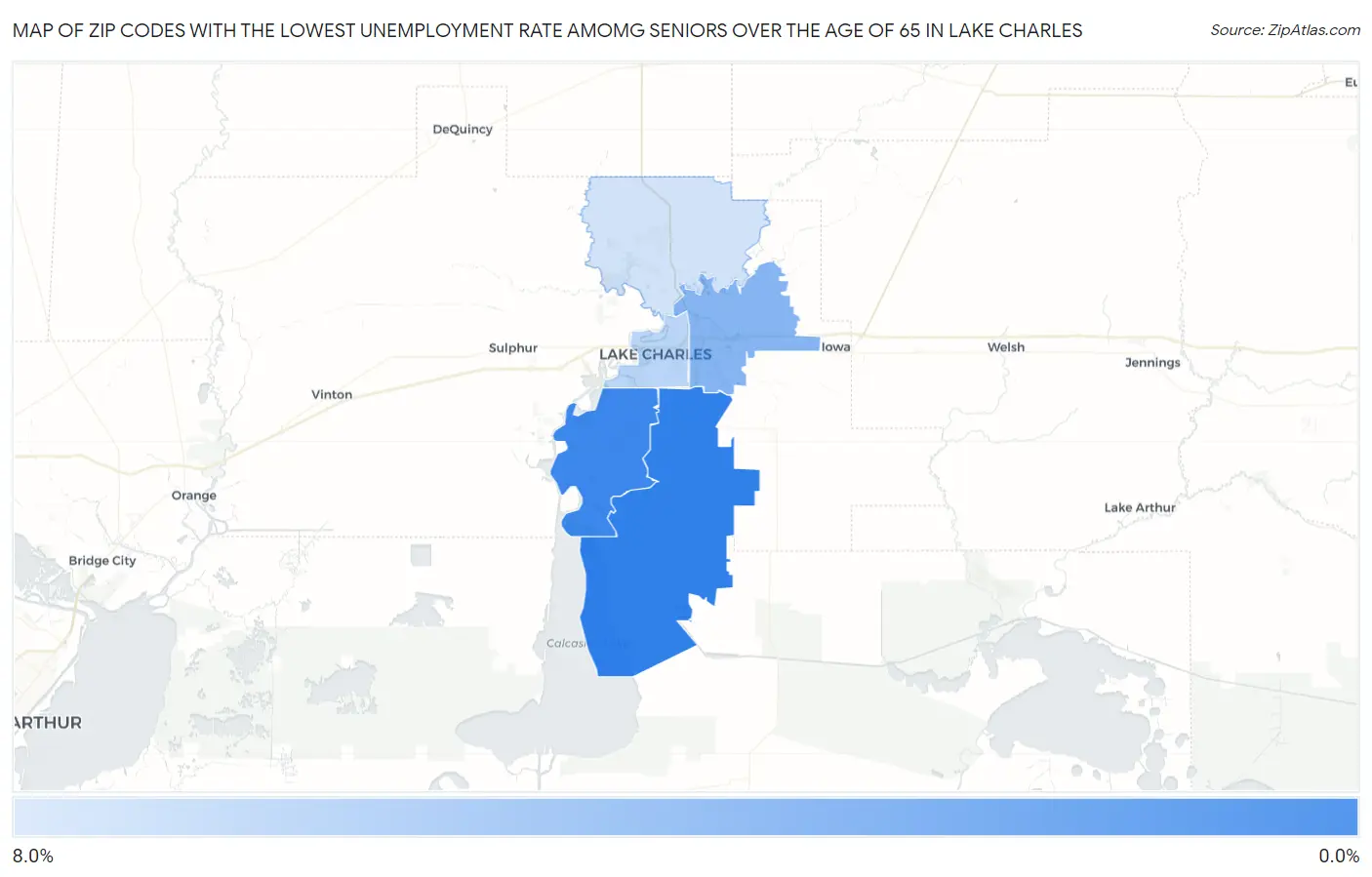 Zip Codes with the Lowest Unemployment Rate Amomg Seniors Over the Age of 65 in Lake Charles Map