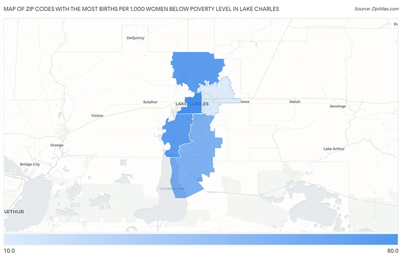 Zip Codes with the Most Births per 1,000 Women Below Poverty Level in Lake Charles Map