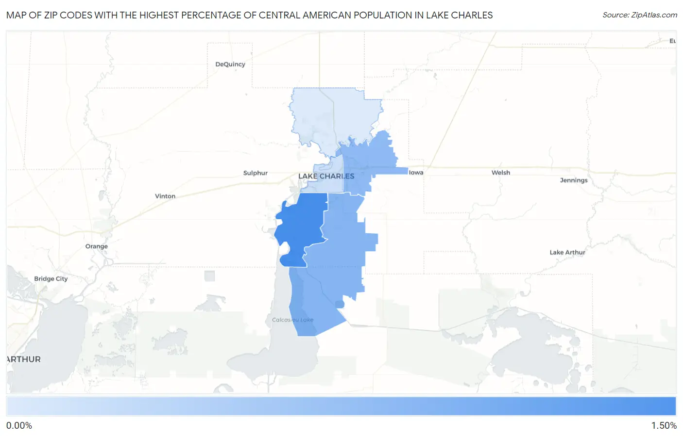 Zip Codes with the Highest Percentage of Central American Population in Lake Charles Map