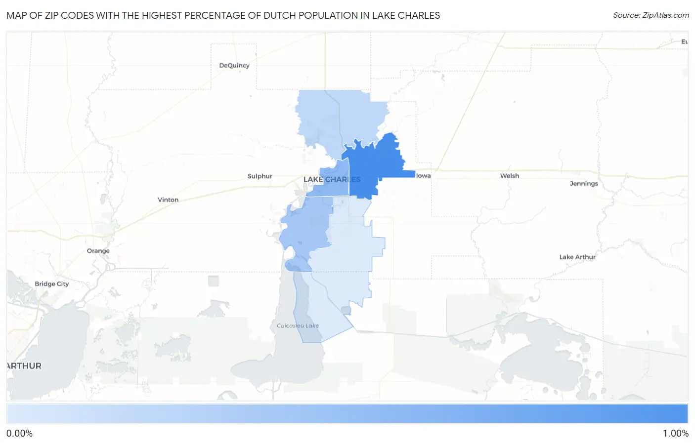 Zip Codes with the Highest Percentage of Dutch Population in Lake Charles Map