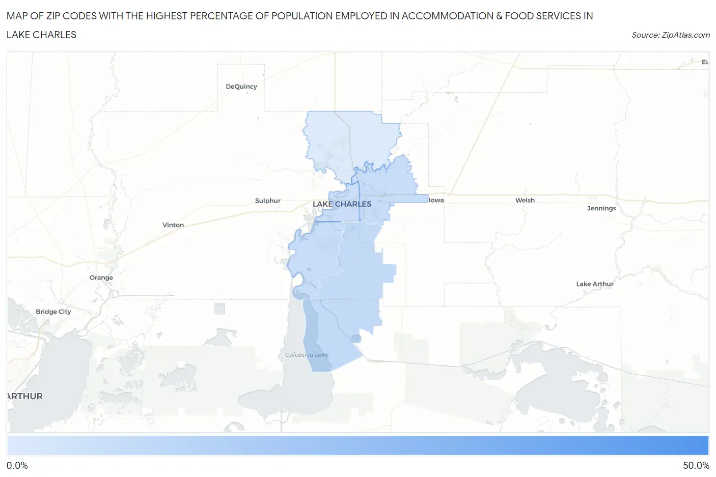 Zip Codes with the Highest Percentage of Population Employed in Accommodation & Food Services in Lake Charles Map