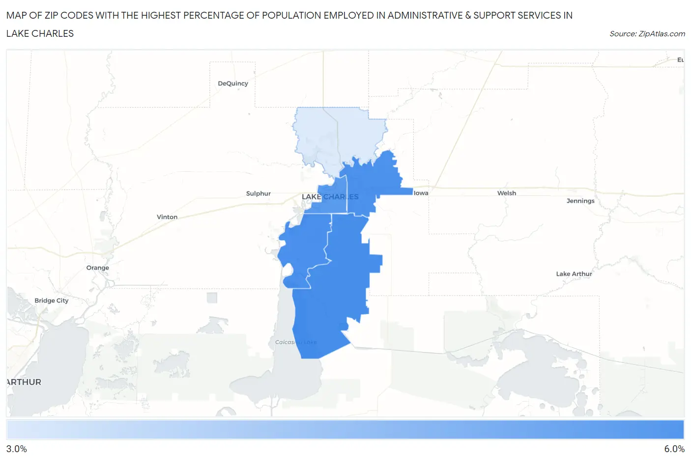 Zip Codes with the Highest Percentage of Population Employed in Administrative & Support Services in Lake Charles Map