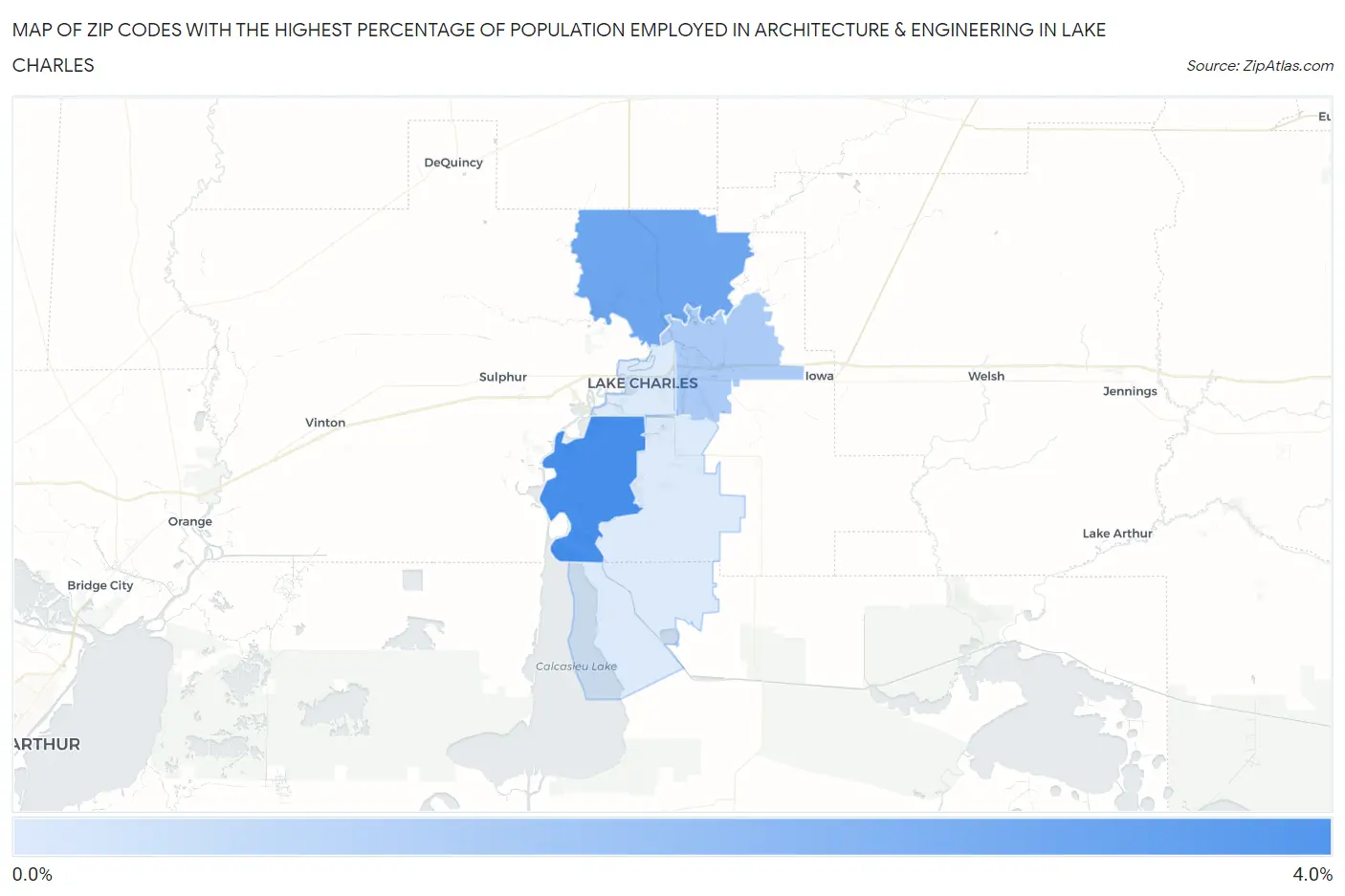 Zip Codes with the Highest Percentage of Population Employed in Architecture & Engineering in Lake Charles Map