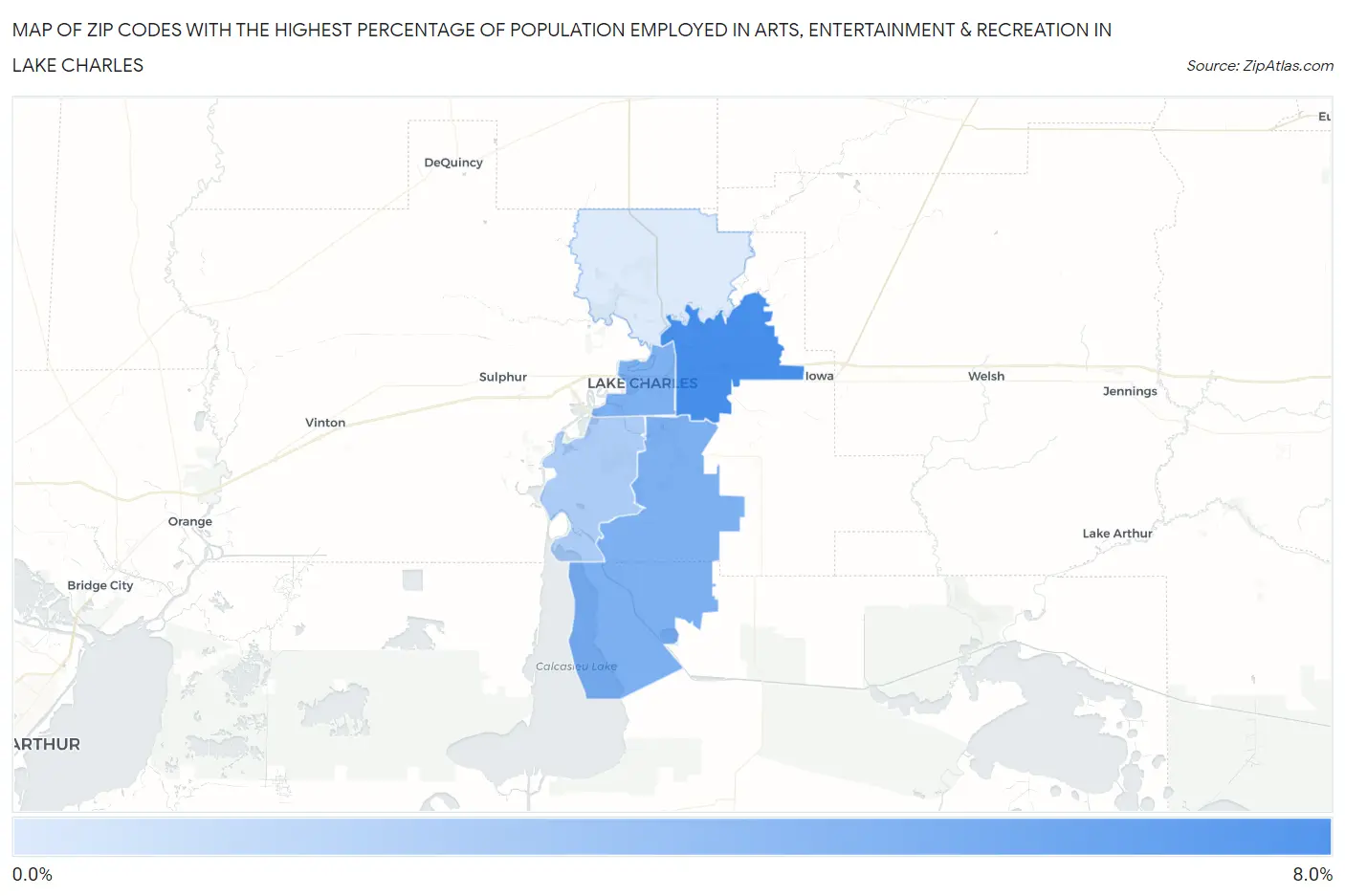 Zip Codes with the Highest Percentage of Population Employed in Arts, Entertainment & Recreation in Lake Charles Map