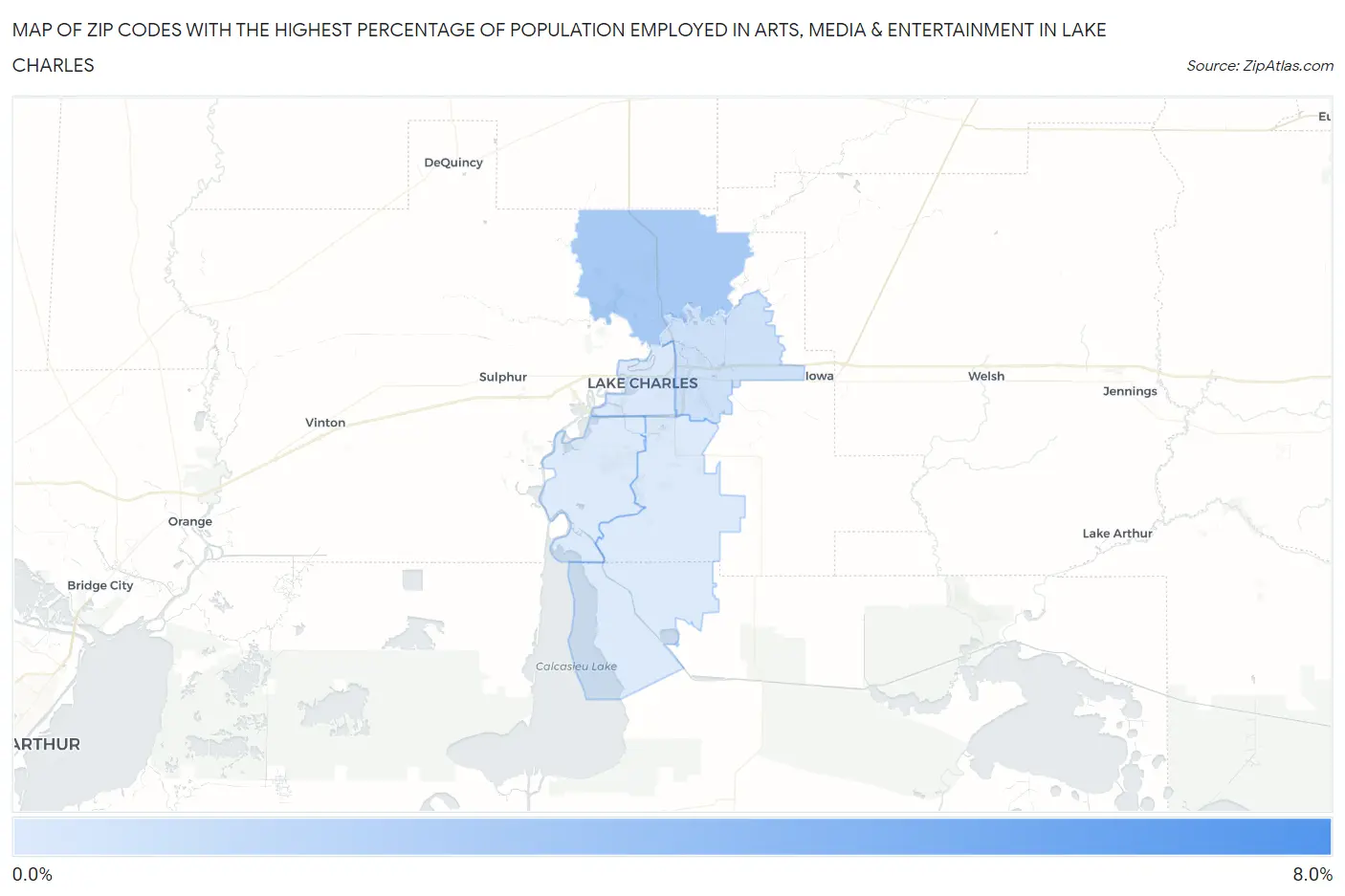 Zip Codes with the Highest Percentage of Population Employed in Arts, Media & Entertainment in Lake Charles Map