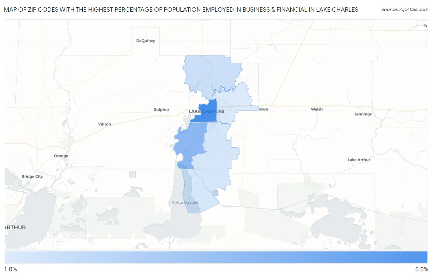 Zip Codes with the Highest Percentage of Population Employed in Business & Financial in Lake Charles Map