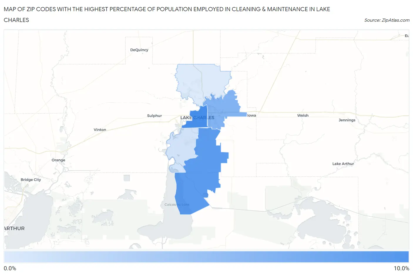 Zip Codes with the Highest Percentage of Population Employed in Cleaning & Maintenance in Lake Charles Map