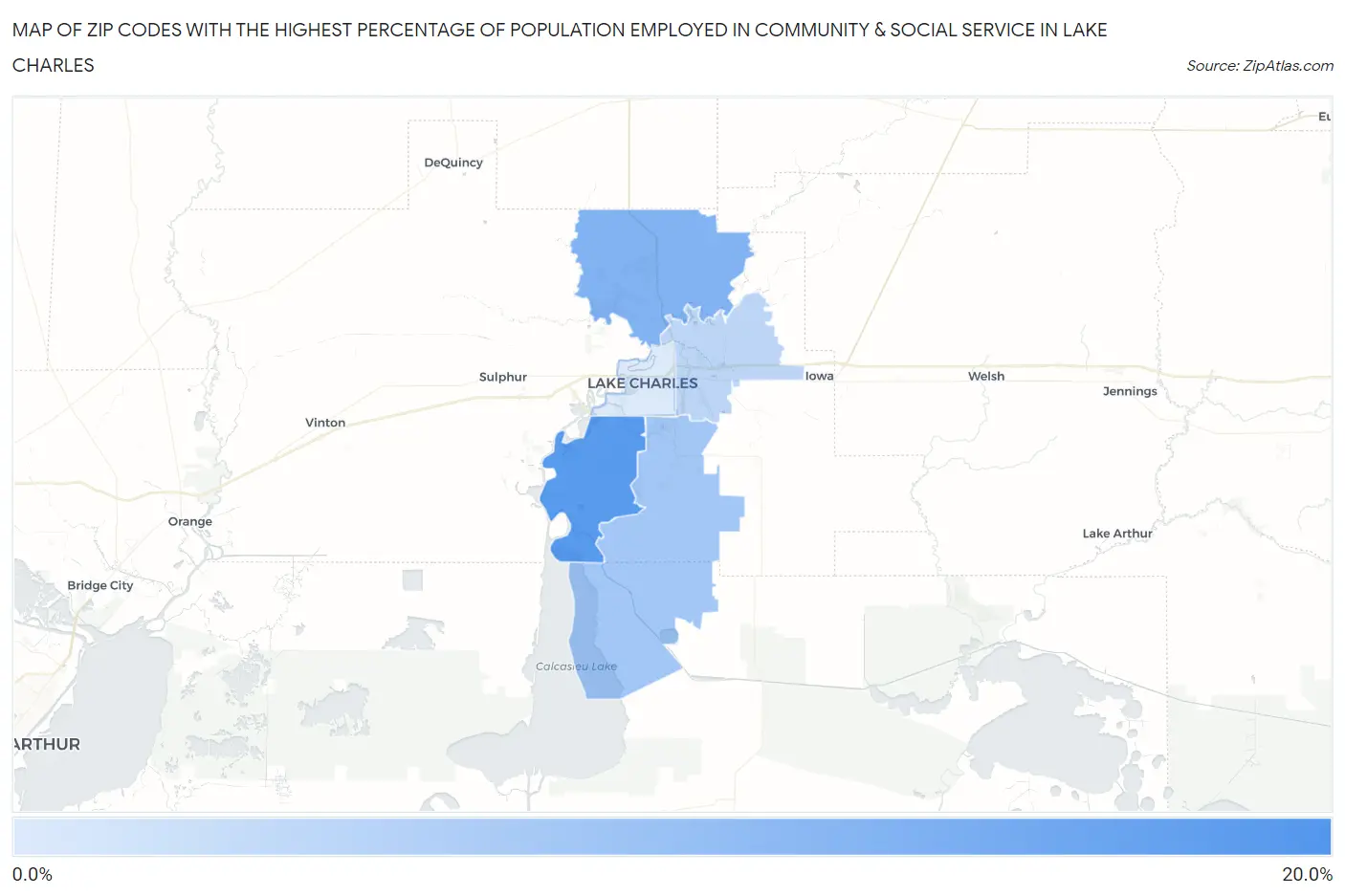 Zip Codes with the Highest Percentage of Population Employed in Community & Social Service  in Lake Charles Map