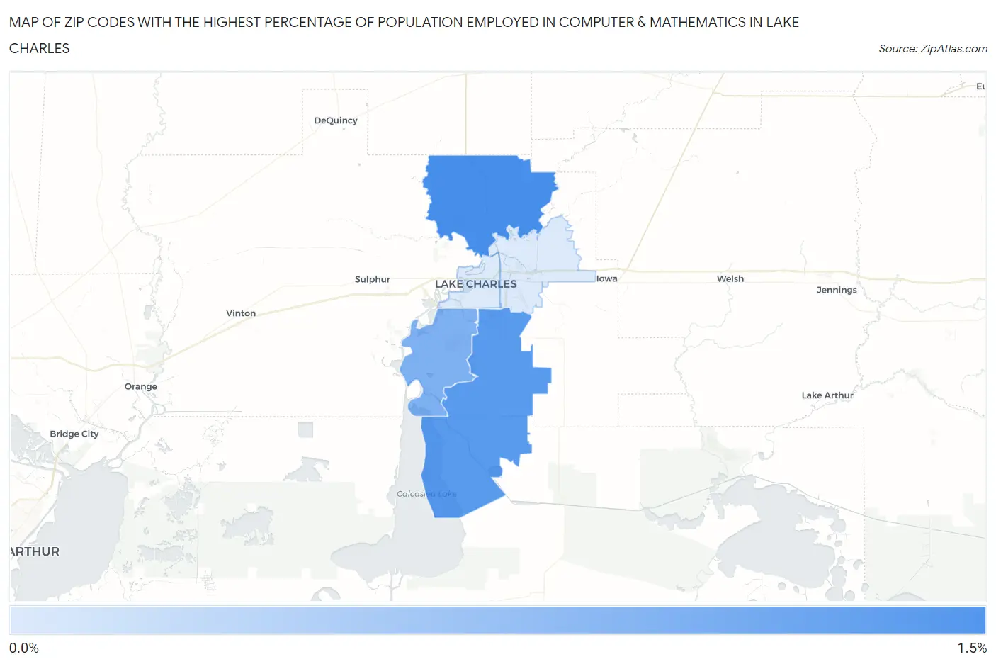 Zip Codes with the Highest Percentage of Population Employed in Computer & Mathematics in Lake Charles Map