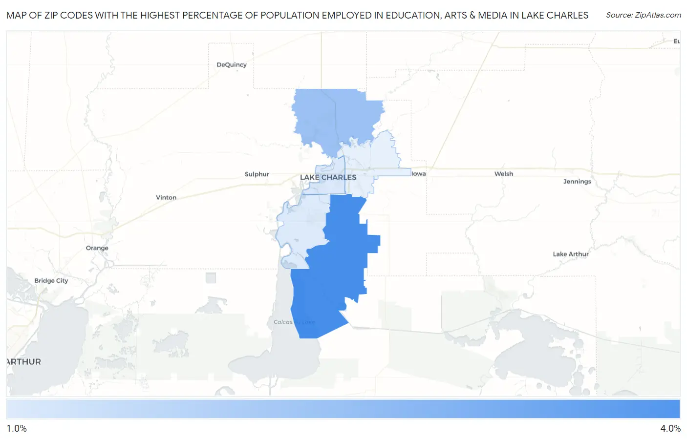 Zip Codes with the Highest Percentage of Population Employed in Education, Arts & Media in Lake Charles Map