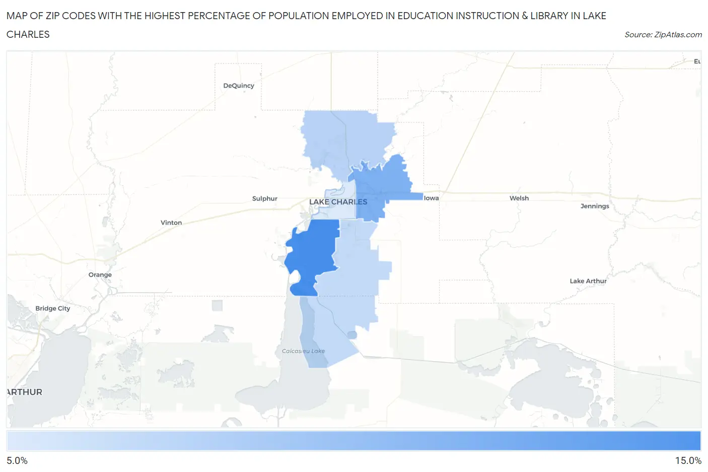 Zip Codes with the Highest Percentage of Population Employed in Education Instruction & Library in Lake Charles Map