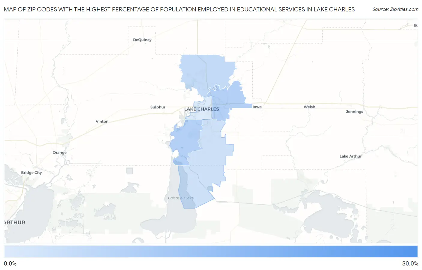 Zip Codes with the Highest Percentage of Population Employed in Educational Services in Lake Charles Map