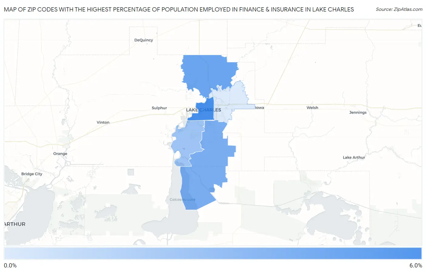 Zip Codes with the Highest Percentage of Population Employed in Finance & Insurance in Lake Charles Map
