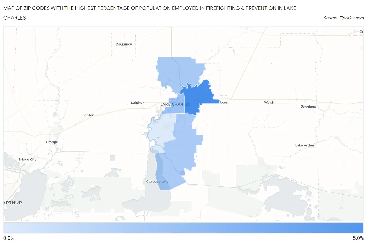 Zip Codes with the Highest Percentage of Population Employed in Firefighting & Prevention in Lake Charles Map