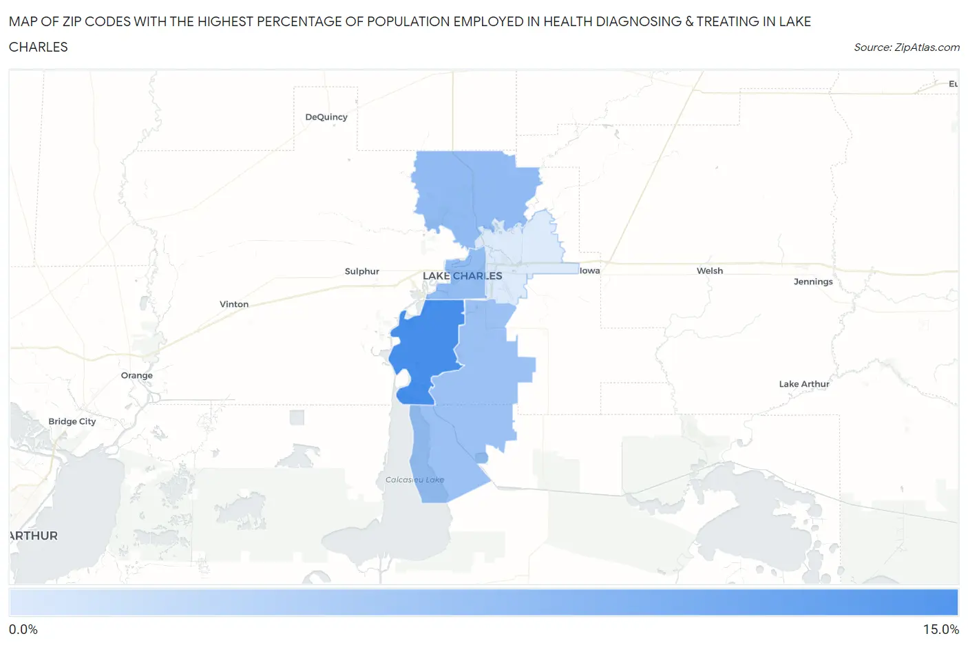 Zip Codes with the Highest Percentage of Population Employed in Health Diagnosing & Treating in Lake Charles Map