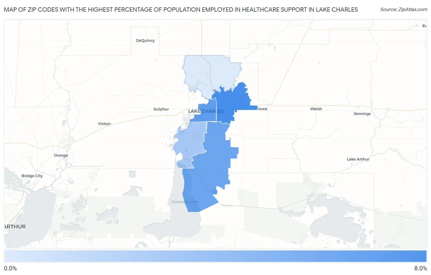Zip Codes with the Highest Percentage of Population Employed in Healthcare Support in Lake Charles Map