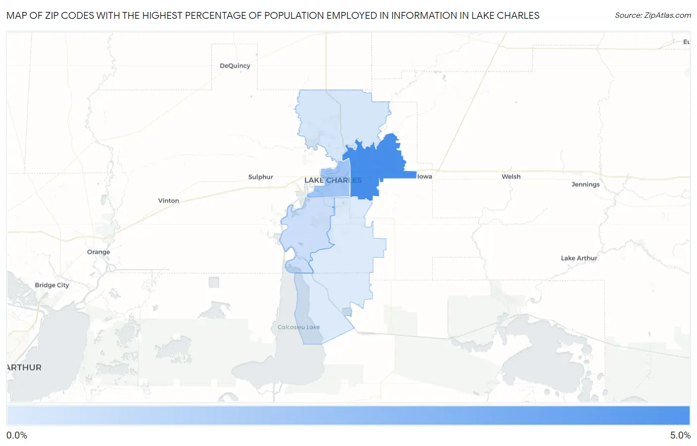 Zip Codes with the Highest Percentage of Population Employed in Information in Lake Charles Map