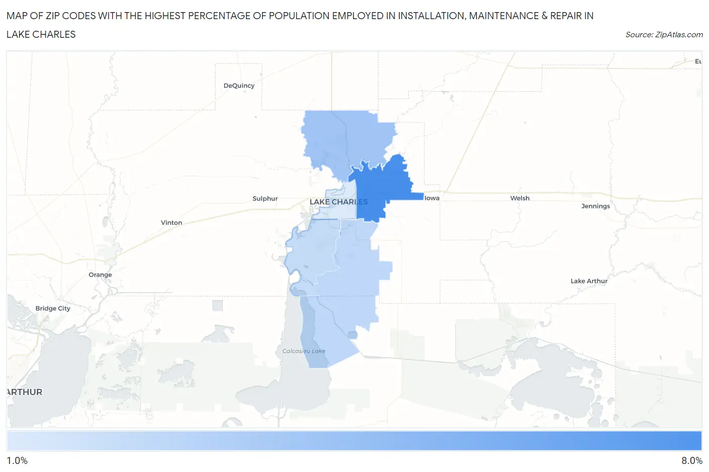 Zip Codes with the Highest Percentage of Population Employed in Installation, Maintenance & Repair in Lake Charles Map