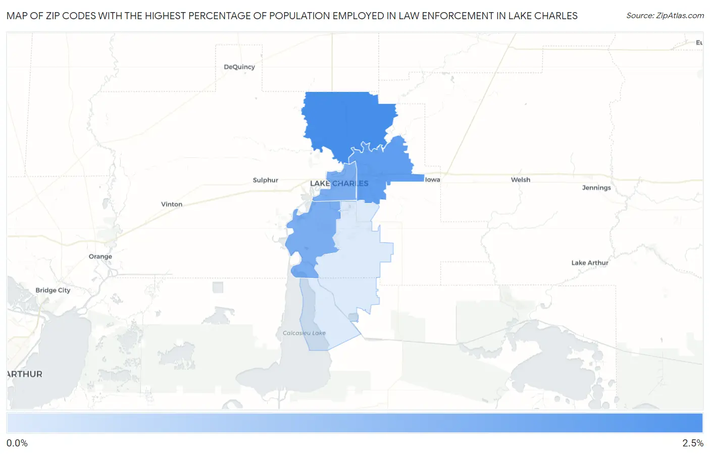 Zip Codes with the Highest Percentage of Population Employed in Law Enforcement in Lake Charles Map