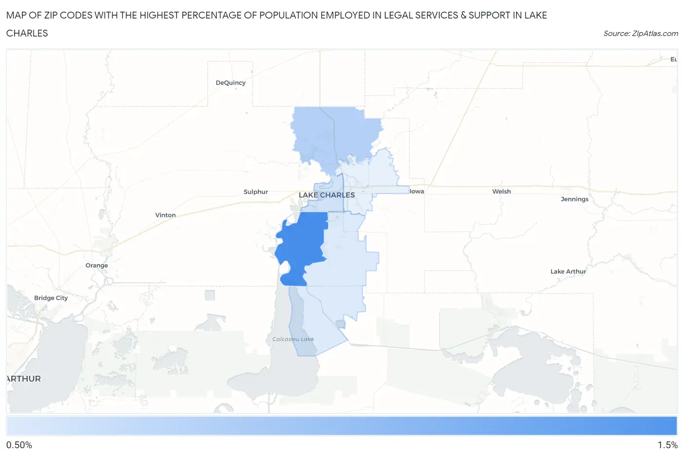 Zip Codes with the Highest Percentage of Population Employed in Legal Services & Support in Lake Charles Map
