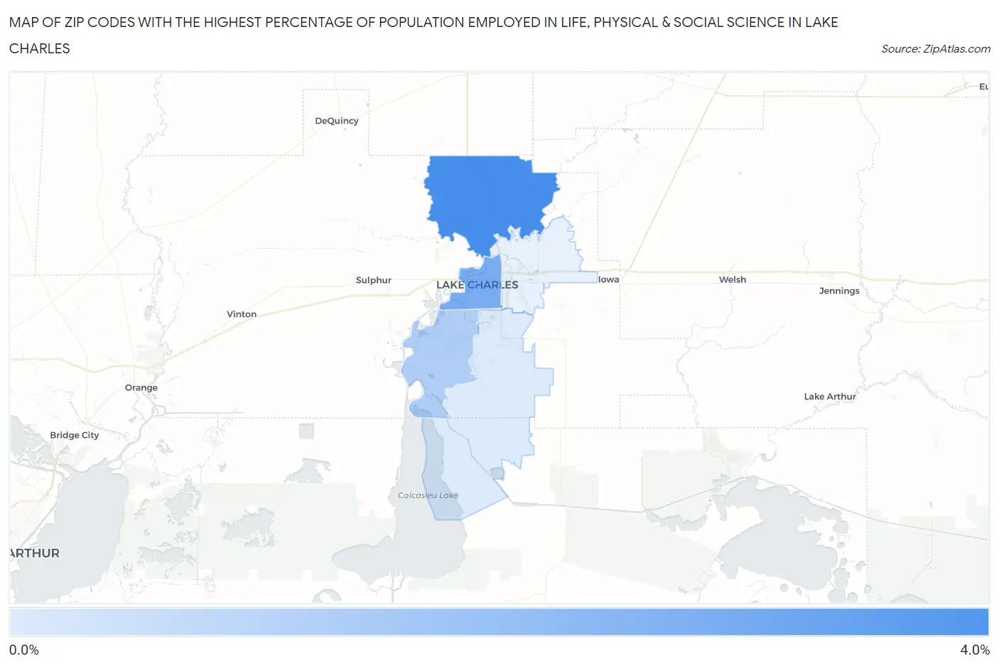 Zip Codes with the Highest Percentage of Population Employed in Life, Physical & Social Science in Lake Charles Map