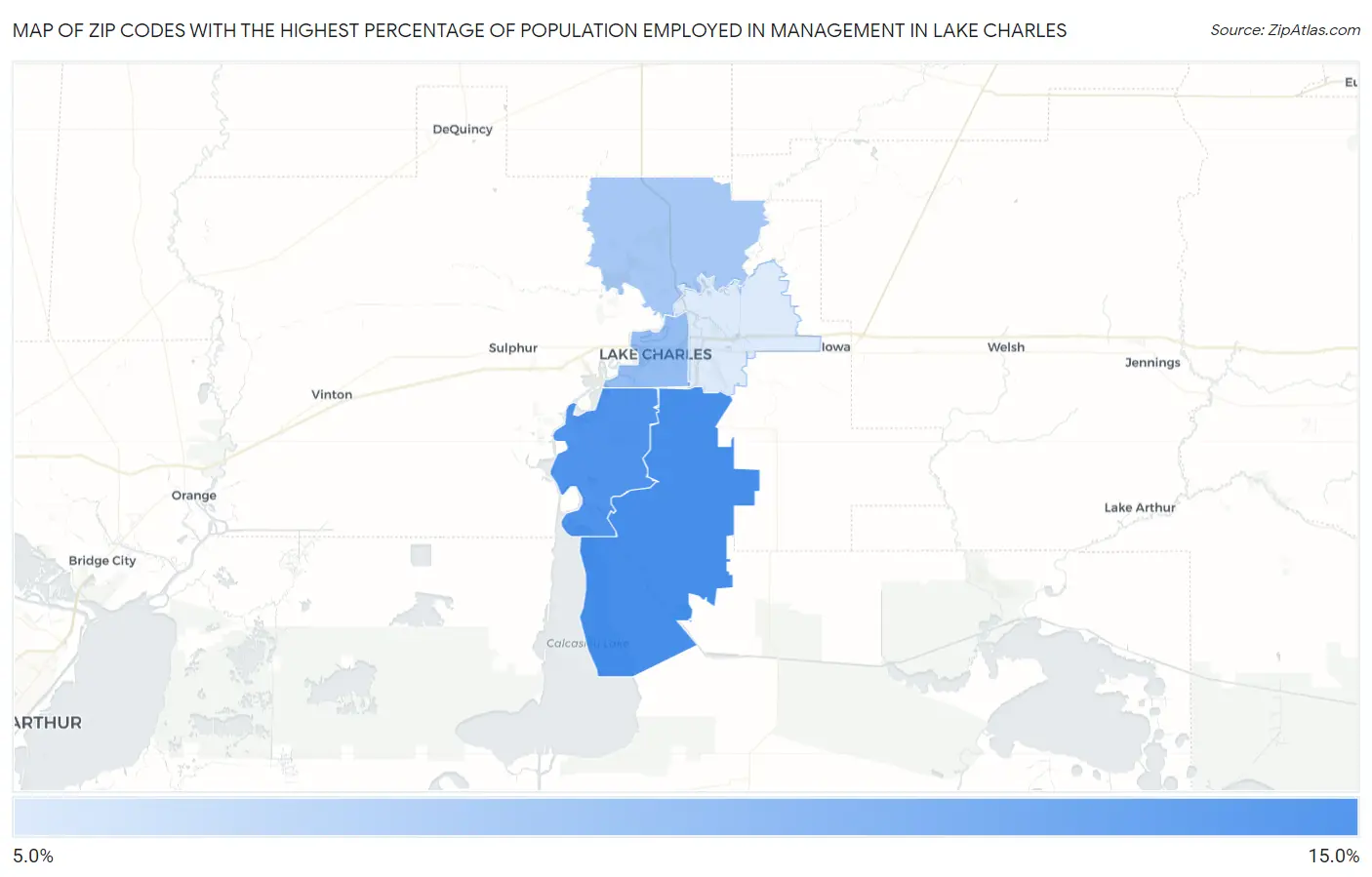 Zip Codes with the Highest Percentage of Population Employed in Management in Lake Charles Map