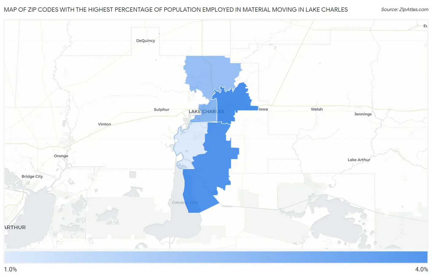 Zip Codes with the Highest Percentage of Population Employed in Material Moving in Lake Charles Map