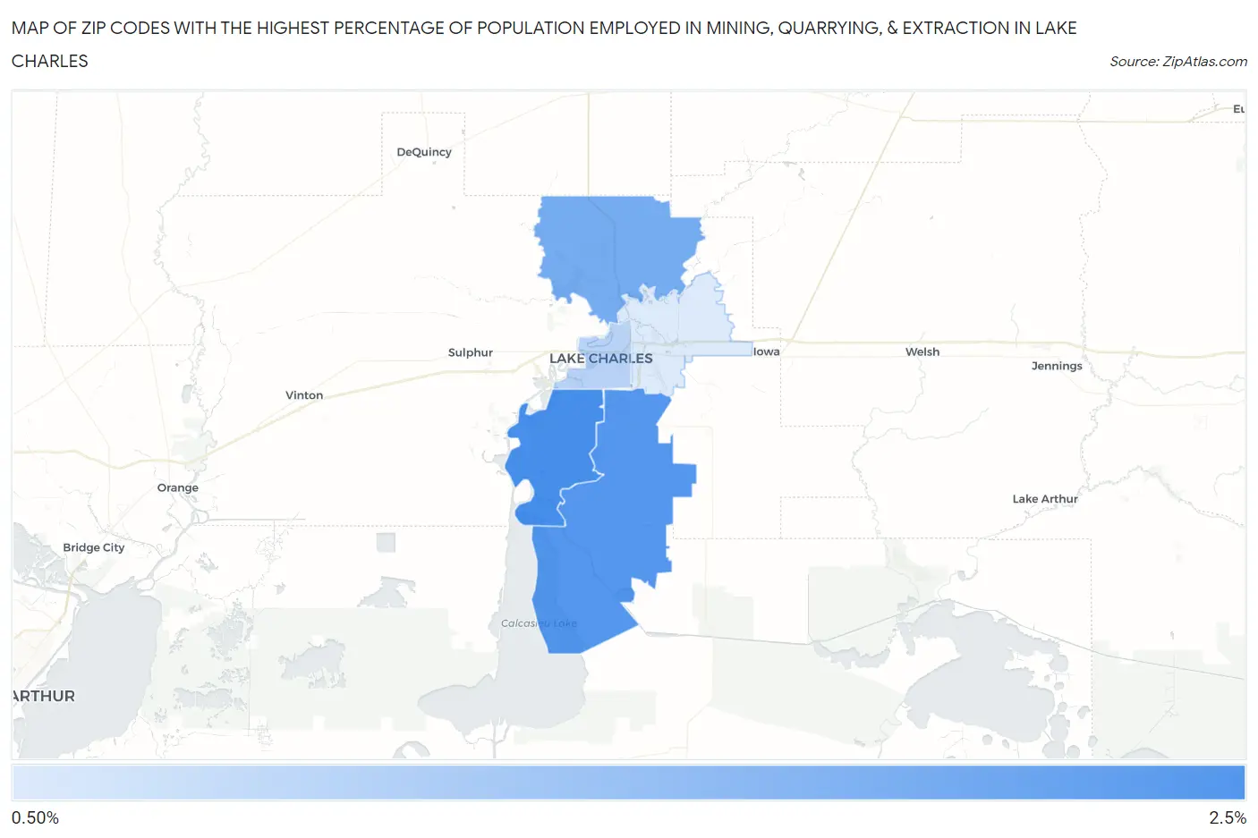 Zip Codes with the Highest Percentage of Population Employed in Mining, Quarrying, & Extraction in Lake Charles Map