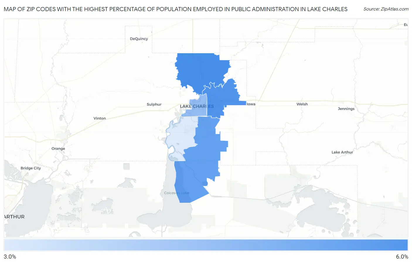 Zip Codes with the Highest Percentage of Population Employed in Public Administration in Lake Charles Map