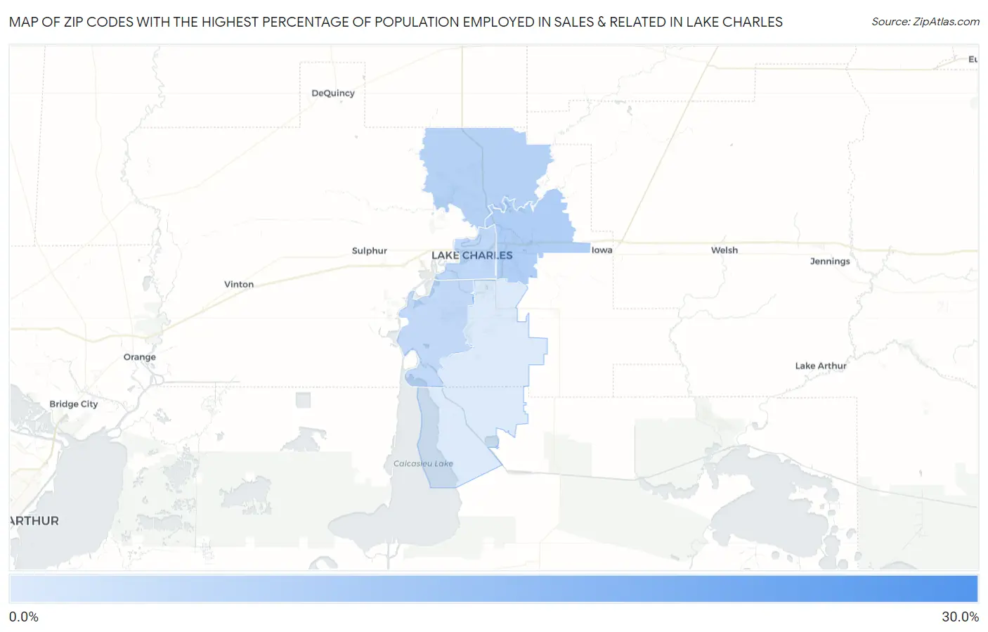 Zip Codes with the Highest Percentage of Population Employed in Sales & Related in Lake Charles Map