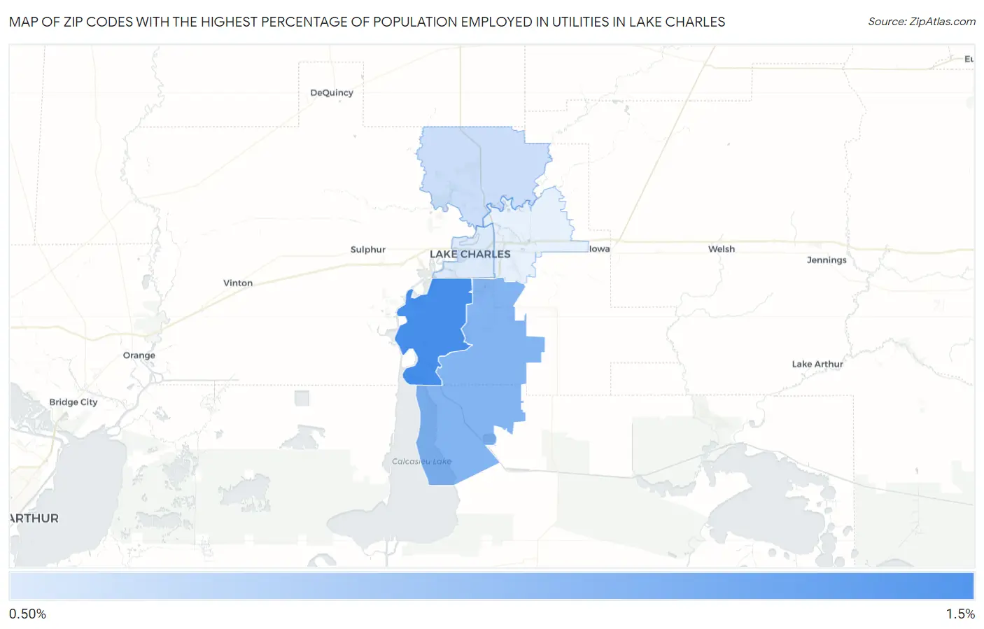 Zip Codes with the Highest Percentage of Population Employed in Utilities in Lake Charles Map