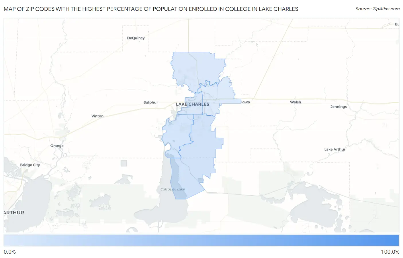 Zip Codes with the Highest Percentage of Population Enrolled in College in Lake Charles Map