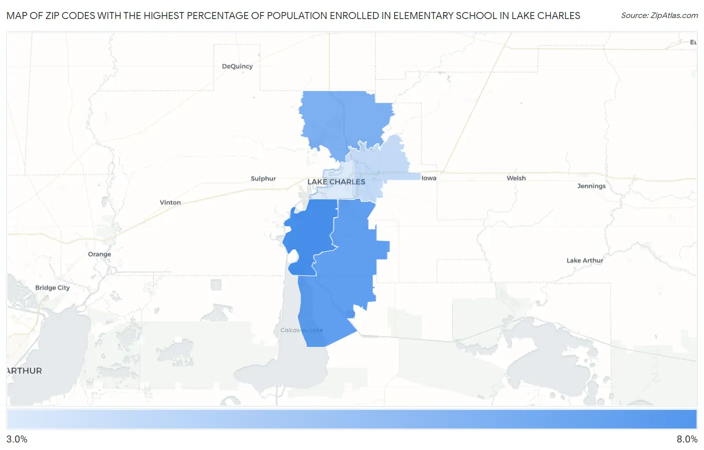 Zip Codes with the Highest Percentage of Population Enrolled in Elementary School in Lake Charles Map