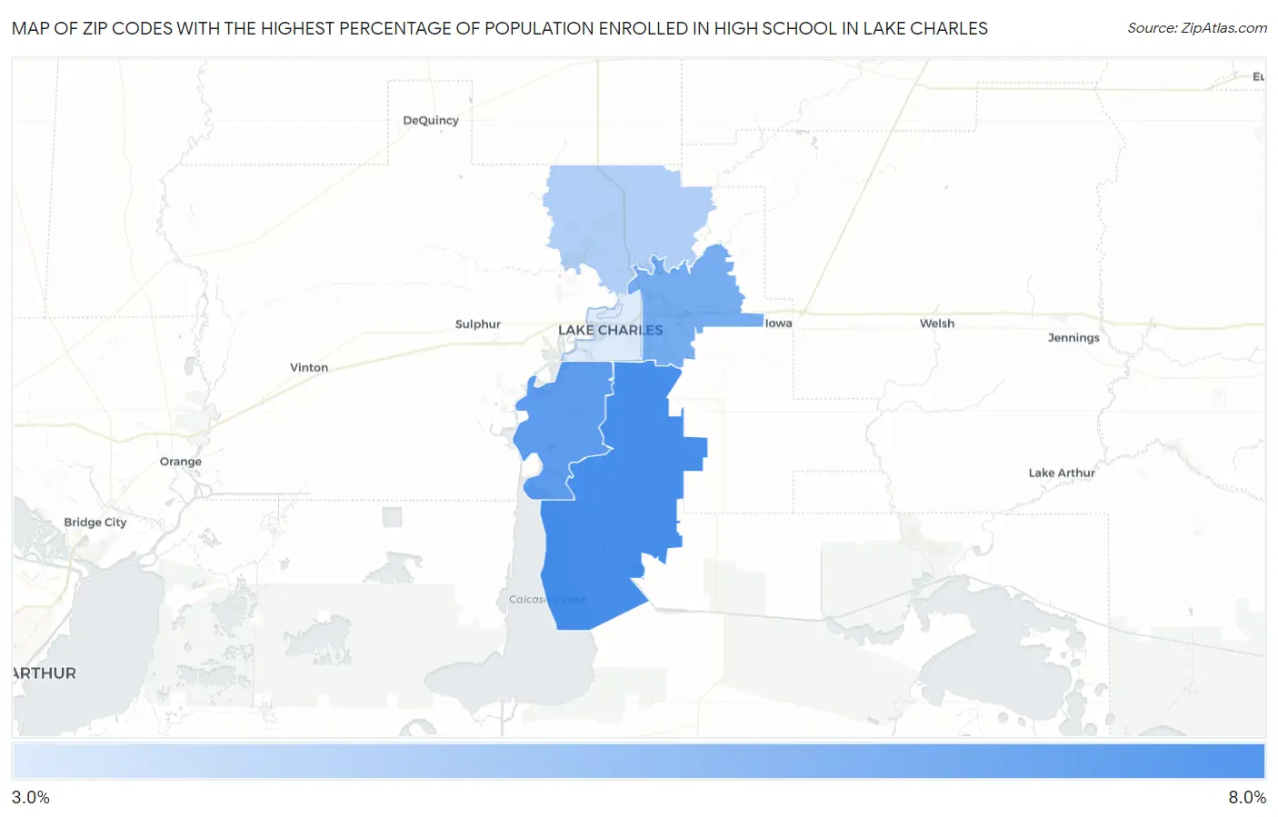 Zip Codes with the Highest Percentage of Population Enrolled in High School in Lake Charles Map