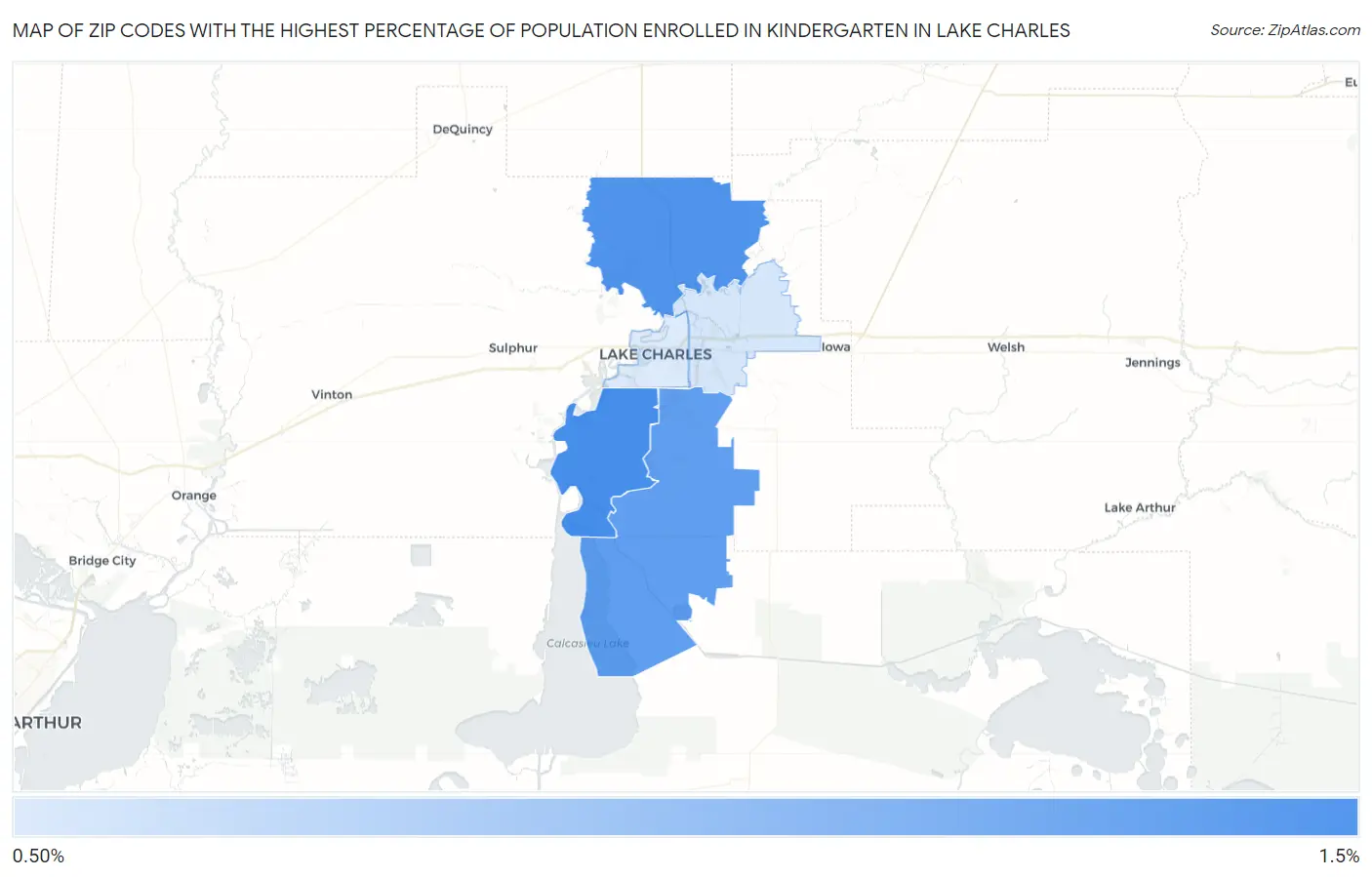 Zip Codes with the Highest Percentage of Population Enrolled in Kindergarten in Lake Charles Map