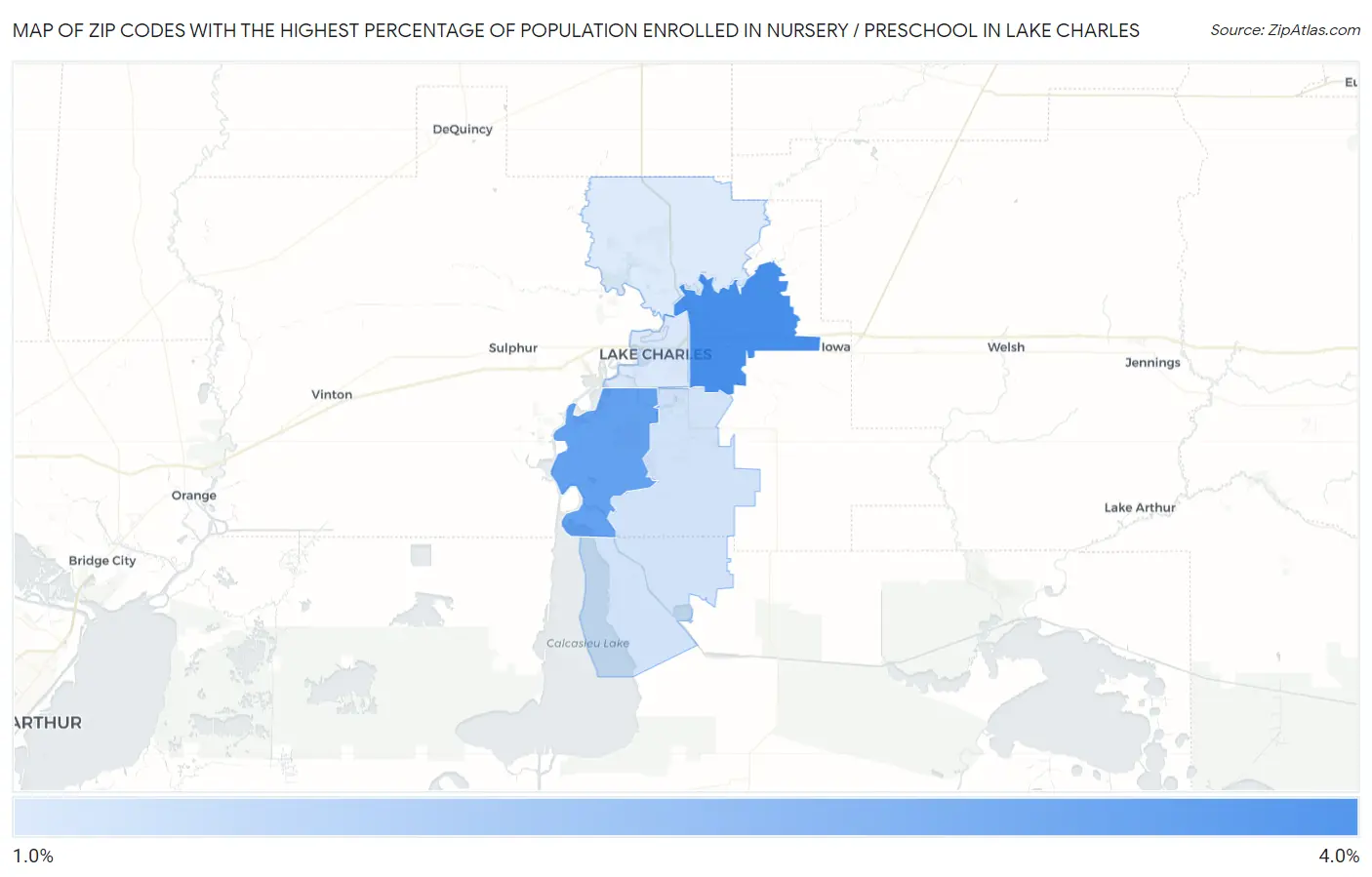 Zip Codes with the Highest Percentage of Population Enrolled in Nursery / Preschool in Lake Charles Map
