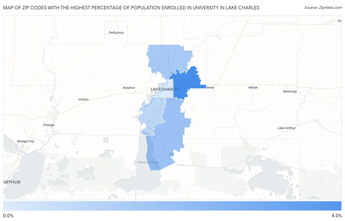 Zip Codes with the Highest Percentage of Population Enrolled in University in Lake Charles Map