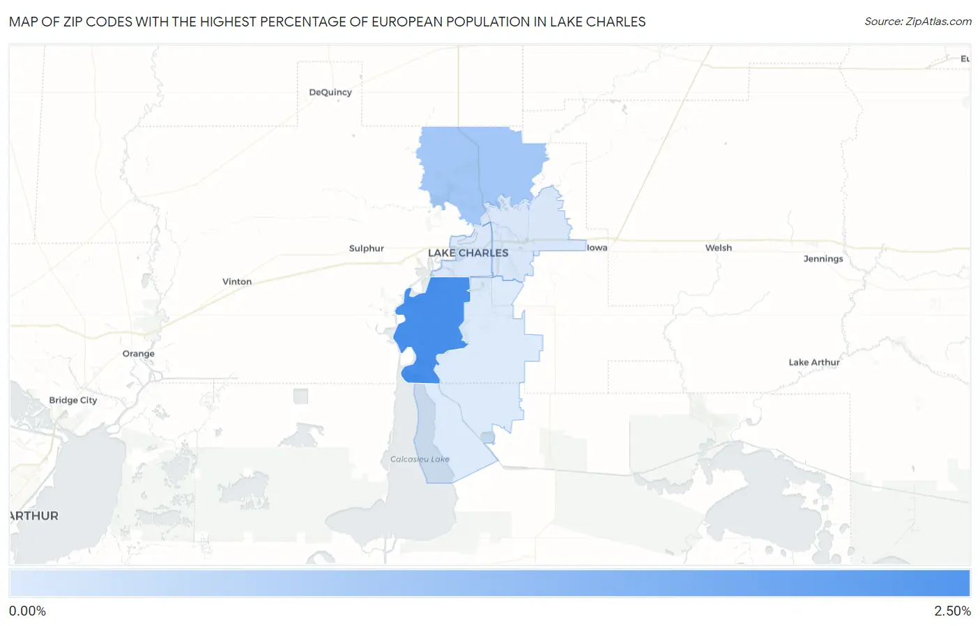 Zip Codes with the Highest Percentage of European Population in Lake Charles Map