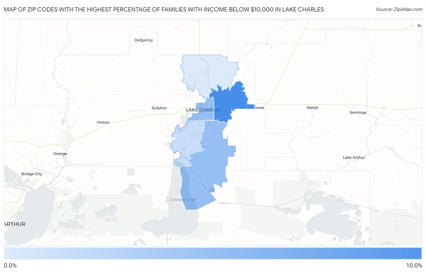 Zip Codes with the Highest Percentage of Families with Income Below $10,000 in Lake Charles Map
