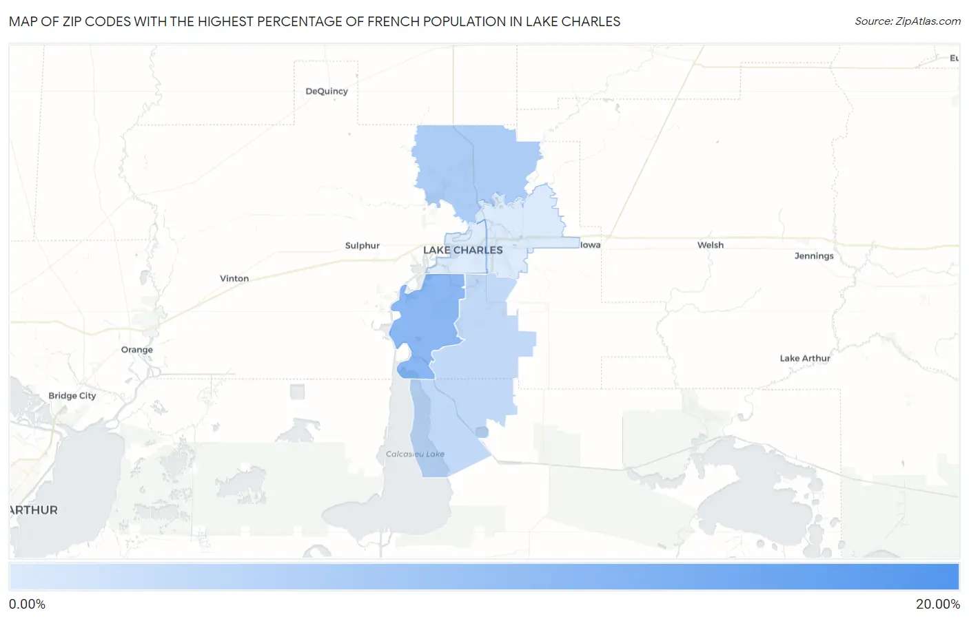 Zip Codes with the Highest Percentage of French Population in Lake Charles Map