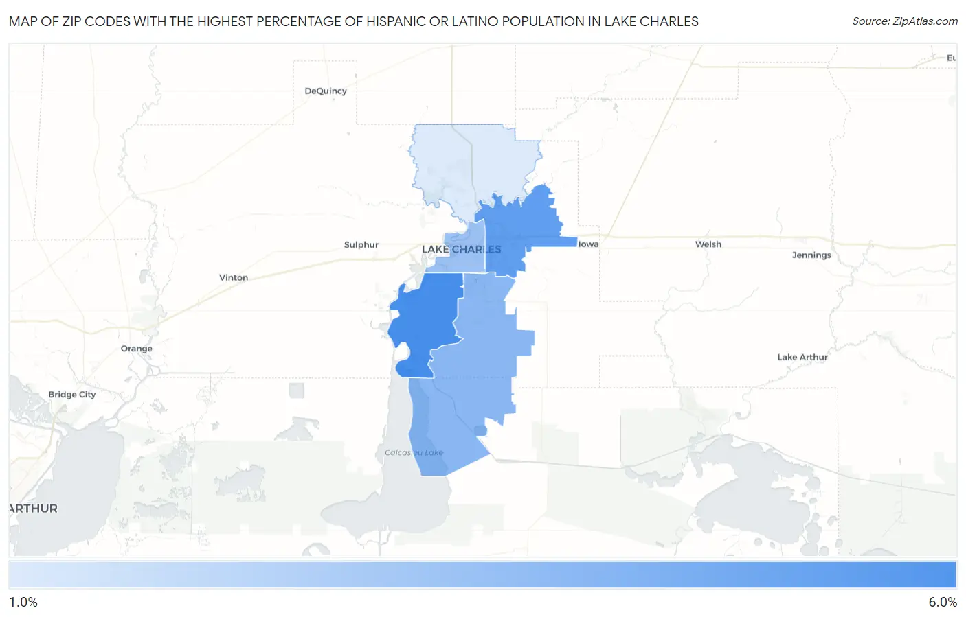 Zip Codes with the Highest Percentage of Hispanic or Latino Population in Lake Charles Map