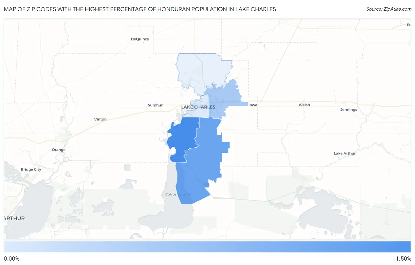 Zip Codes with the Highest Percentage of Honduran Population in Lake Charles Map