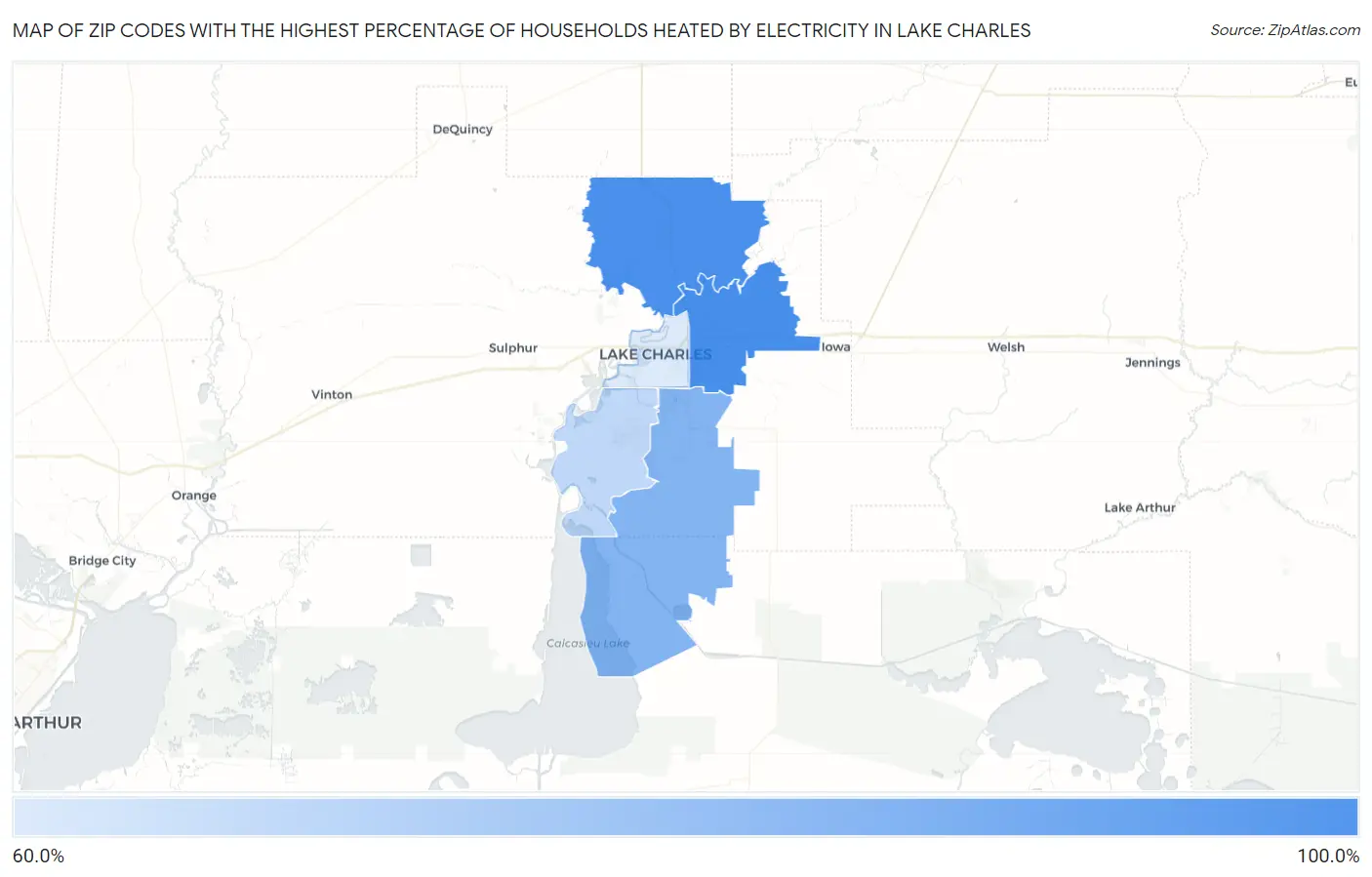 Zip Codes with the Highest Percentage of Households Heated by Electricity in Lake Charles Map