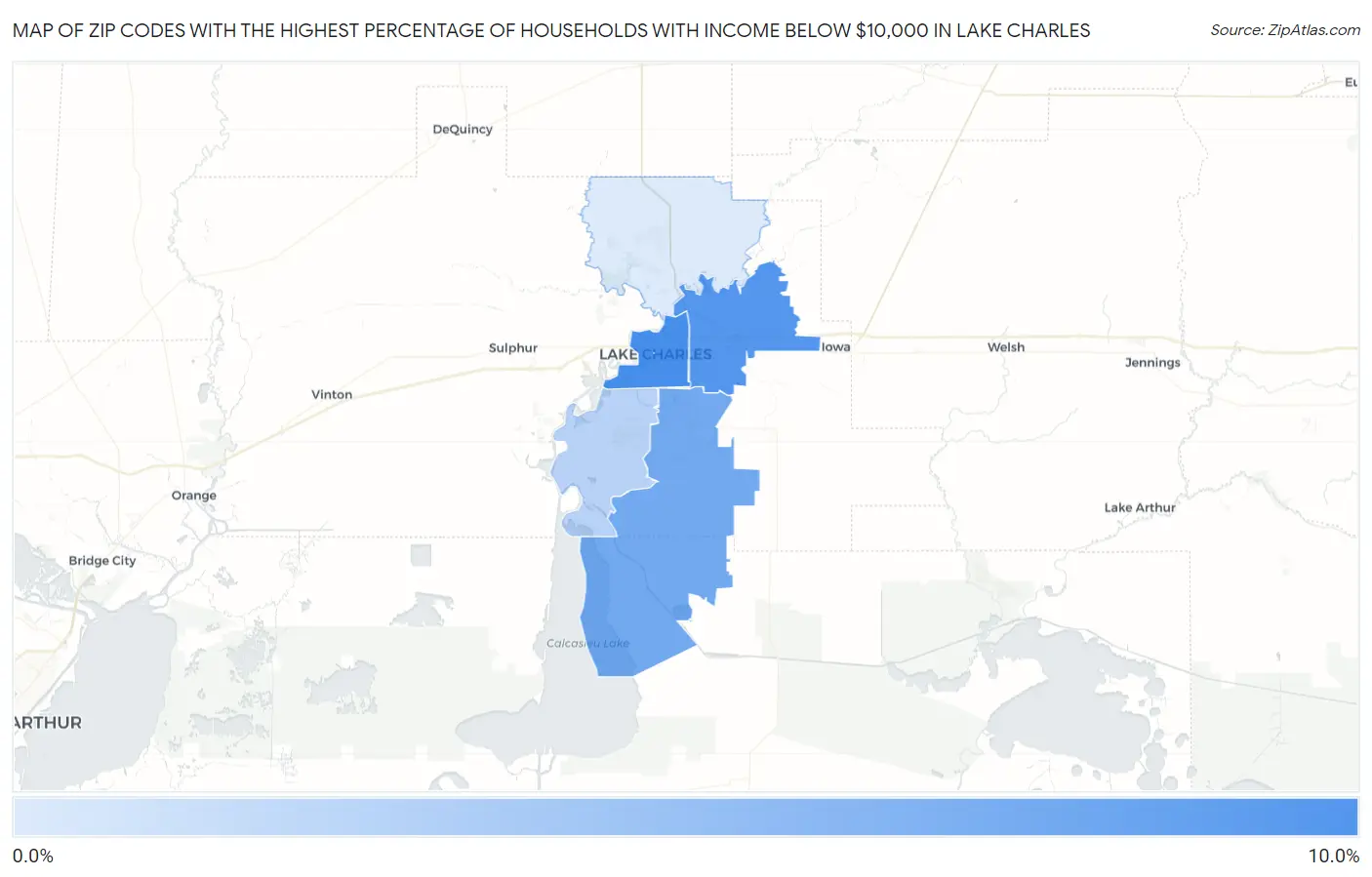 Zip Codes with the Highest Percentage of Households with Income Below $10,000 in Lake Charles Map