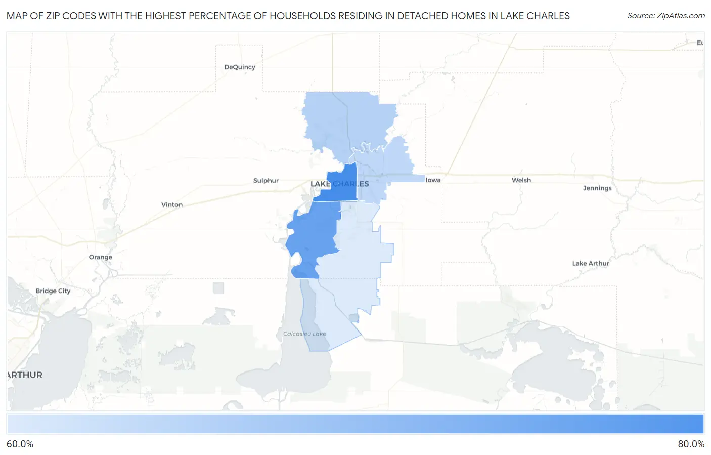 Zip Codes with the Highest Percentage of Households Residing in Detached Homes in Lake Charles Map